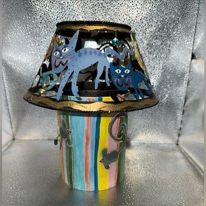 Silvestri Hand-Painted Multicolor Cat & Mouse Metal candle holder with shade